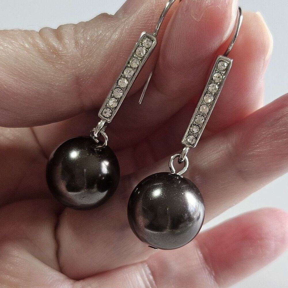 Silver Tone Gray Dangling Earrings With Rhinestone Accents